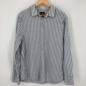 H&M Shirt Mens Large Slim Fit Linen Striped Blue White Button Front Long‎ Sleeve